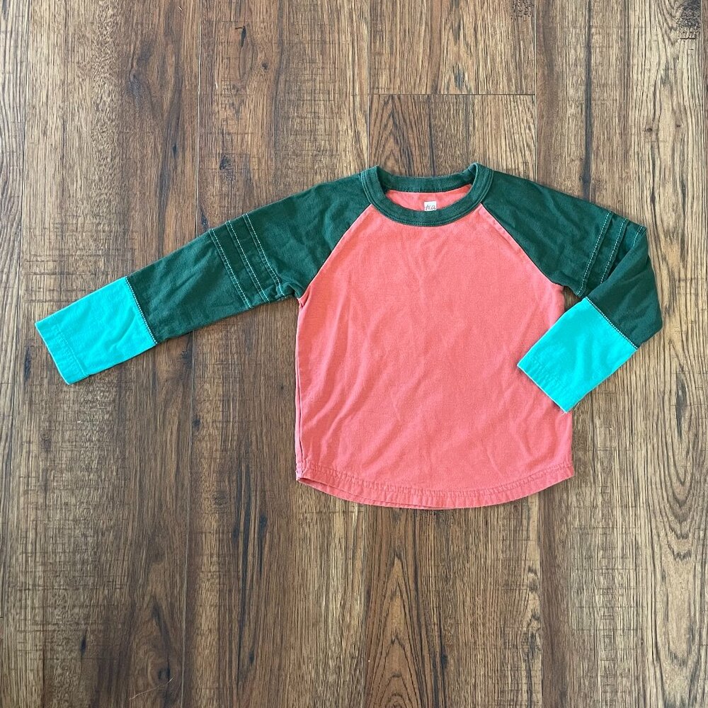 Tea Collection Coral and Forest Green Raglan Long Sleeve Tee with Teal Cuffs